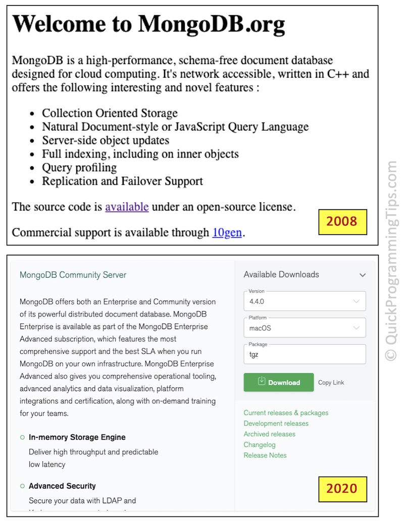 MongoDB Home Page in 2008 and 2020